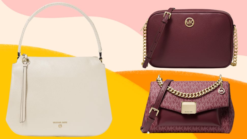 A white handbag and two burgundy satchels against a colorful background.