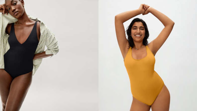 woman wearing black Everlane one-piece swimsuit, woman wearing yellow Everlane one-piece swimsuit