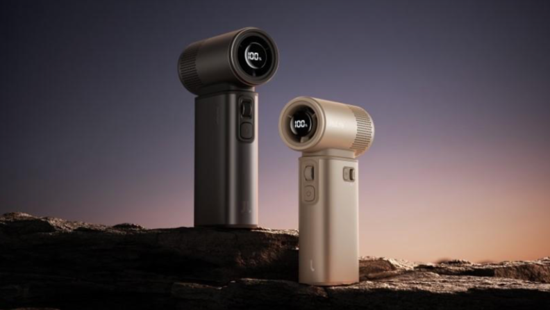 Two hand-held fans stand on a windswept landscape