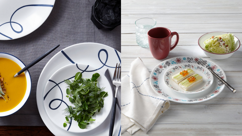 On left, navy and white plates and bowl with soup and salad. On right, white multi-colored plate set with food on top.