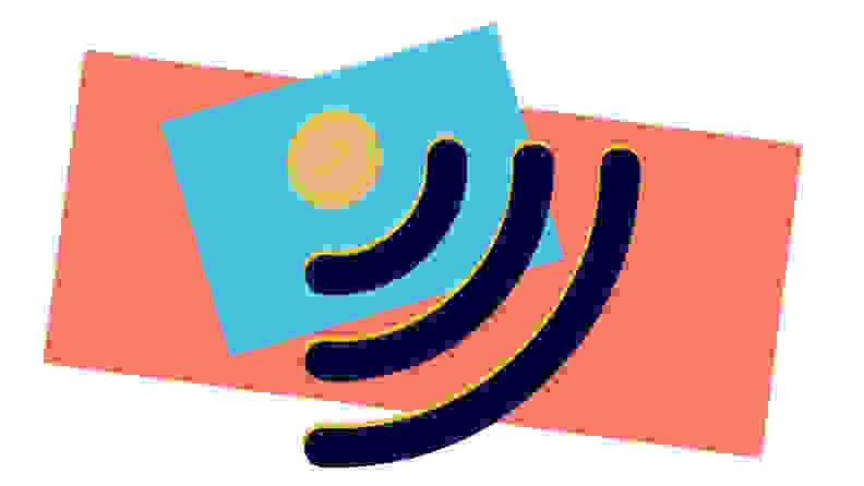 A cartoon Wi-Fi symbol on a colorful background next to a cartoon coin.