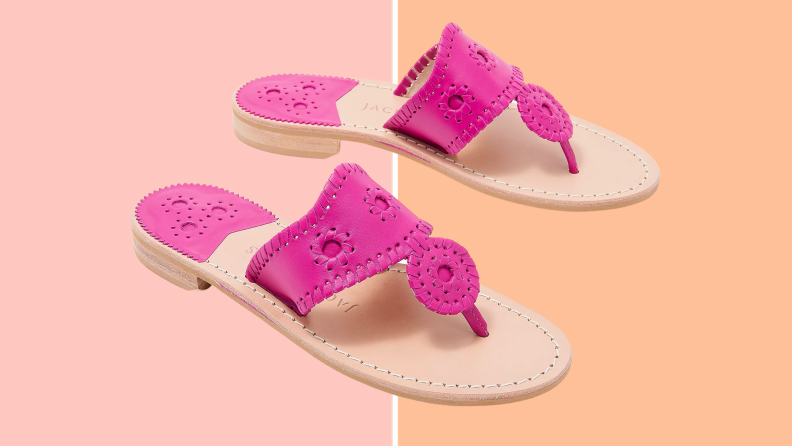 Hot pink Jack Rodgers sandals on a pink and orange backround