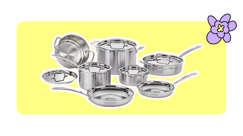 A Cuisinart 12-piece stainless steel cookware set on a yellow background.