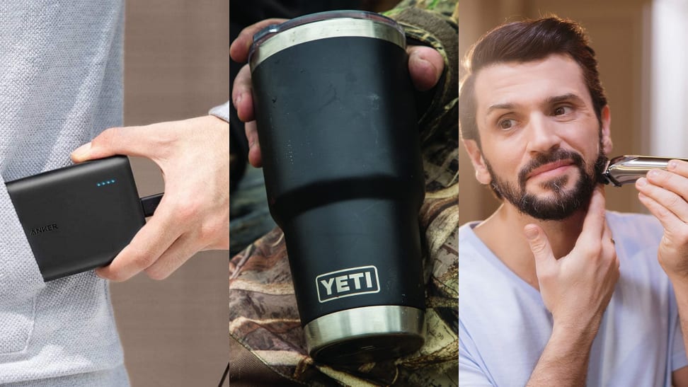 (1) A person stuffs a portable charger into their pocket. (2) A person holds a Yeti water bottle. (3) A person shaves their beard with an electric razor.