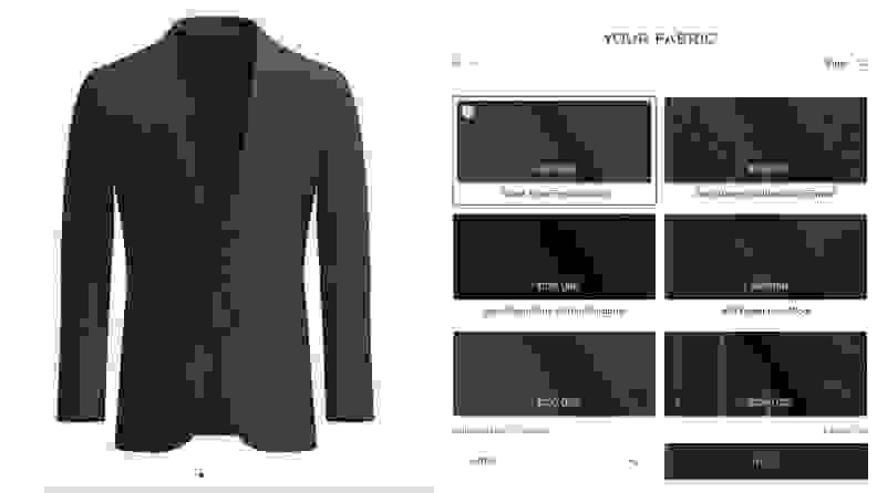 A screenshot of Suitsupply's Custom Made fabric sampling and jacket.