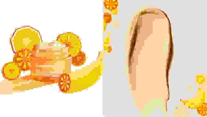 On the left: The OleHenriksen Banana Bright Eye Crème sits with its lid off on a white background with cartoon drawings of oranges and a banana surrounding it. On the right: A swatch of the orange-tinted cream on a plain background.