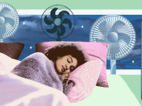 A photoshopped image featuring a person sleeping in a bed with tons of fans placed throughout in front of a background.