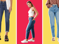 Three models wear dark-wash and light-wash blue jeans against a yellow and red background.