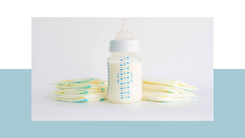 Packets of stored breast milk surrounding a baby bottle.