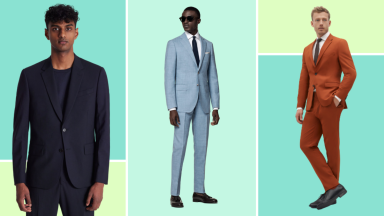 Three suits, one in navy, one in light blue, and one in a burnt orange.