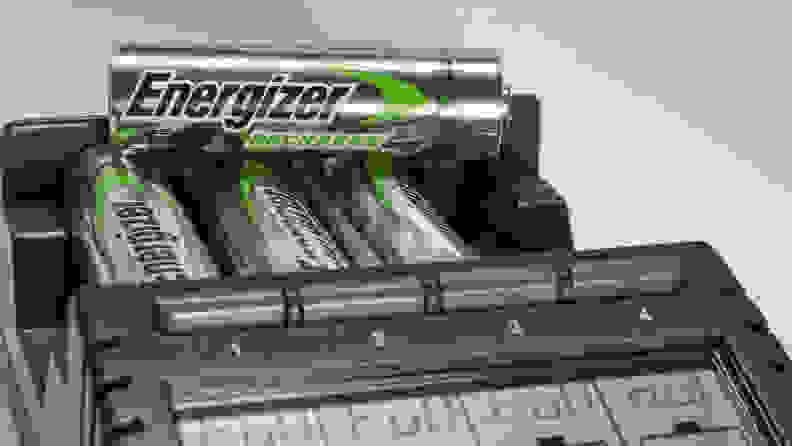 Close-up of charging Energizer batteries