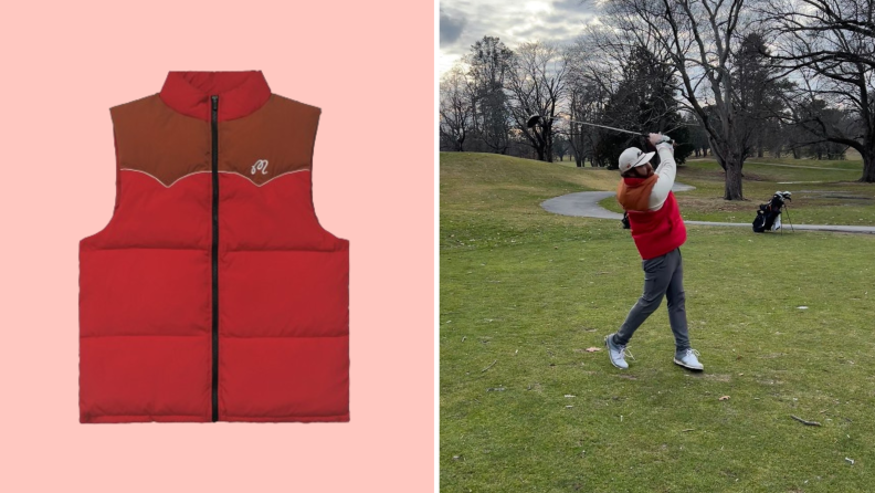 A red puffer vest, and a photo of the author playing golf while wearing a head-to-toe Malbon outfit.