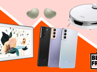 A collage of Samsung products including smartphones, robot vacuums, and ear buds.