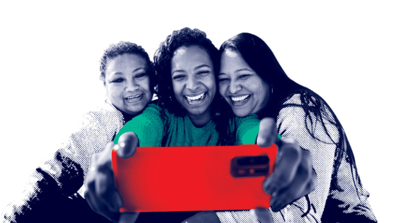 Three people smile and pose for a selfie with a red smartphone, edited in a bold, stylized pop-art effect.