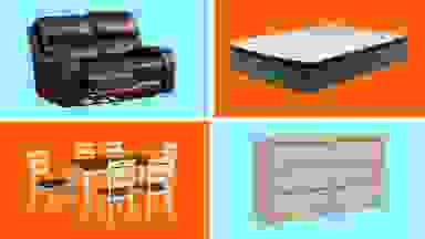 A collage of Ashley Furniture items in front of colored backgrounds.