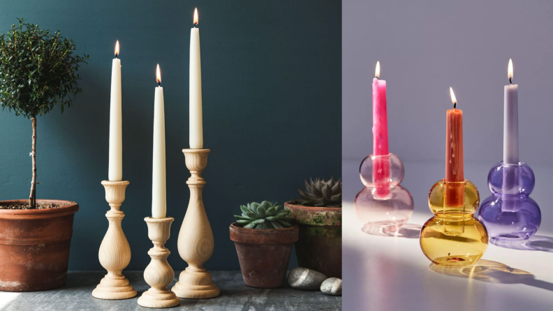 On the left, wooden candlestick holders with white candles. On the right, glass candlestick holders with multicolored candles.