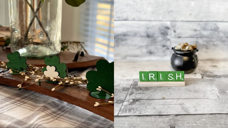 On left, wooden shamrock candle holder on table. On right, green Scrabble letter tiles that spell out "Irish" next to small pot of gold.