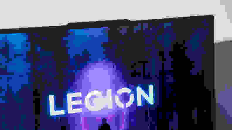 Close-up view of the screen resolution on the BLenovo Legion Pro 5i Gen 8 gaming laptop with the Legion logo on desktop screensaver.