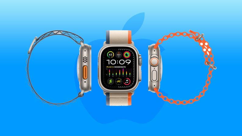 The Apple Watch Ultra 2 over a blue background with the Apple logo.