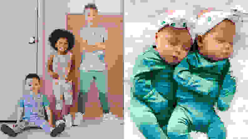 Left: three toddlers of varying heights wearing different colored long "onesies". One white boy is sitting on the ground with legs spread, wearing all blue, on the left. there's a Black girl in the middle wearing a pink onesie, and a tall white boy on the right with his arms crossed across his chest, legs spread, wearing a green and white outfit. Right: two newborn babies sleeping, wearing teal onesies and white headbands wrapped around their heads.