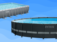 Two above ground pools against a blue background