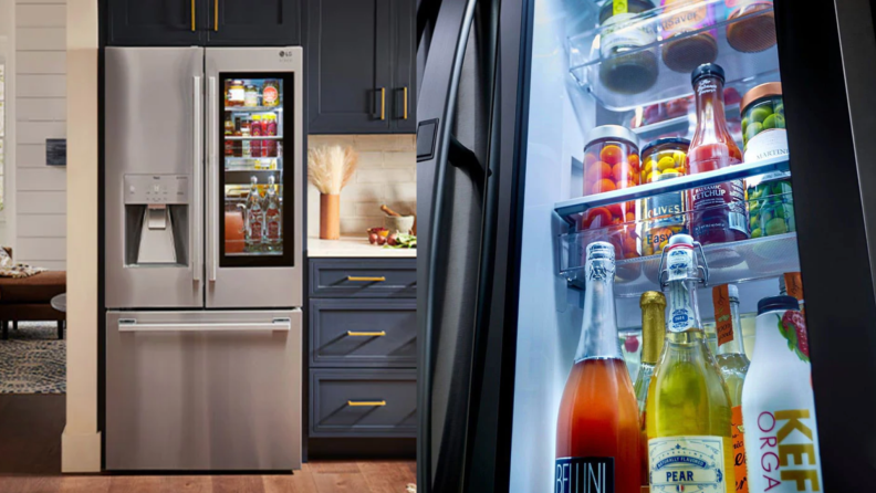 (left) View of a stainless steel double-door refrigerator inside a kitchen. (right) The interior of a refrigerator showing beverages and condiments.