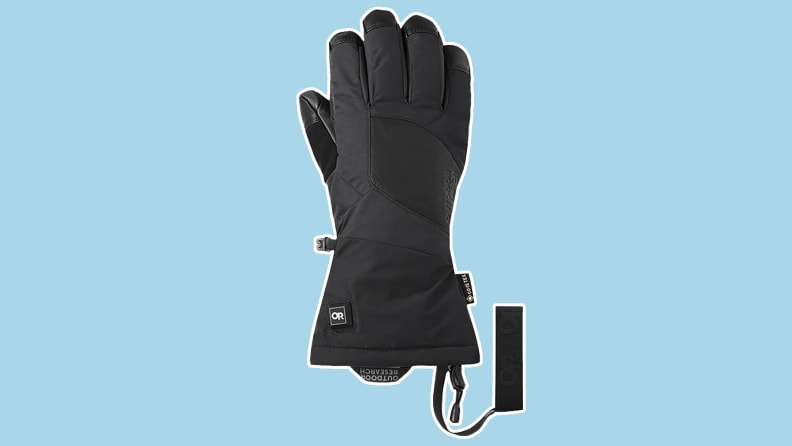 The Outdoor Research Prevail Heated GORE-TEX Gloves on a blue background