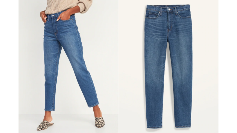 An image of a pair of high-waisted blue jeans on a model alongside a flat lay of the same jeans.