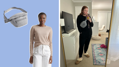 A gray neoprene belt bag and an oatmeal-colored sweater on the left, the author is seen on the right, wearing the belt bag and cashmere matching set.