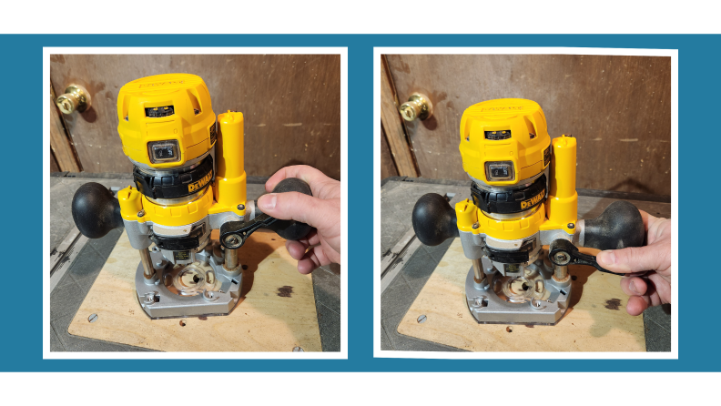 A hand trying to pull down the lever of the he Dewalt Plunge Base..