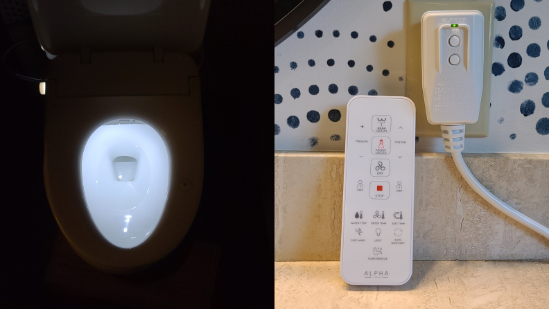 Photo collage of an LED light inside of a toilet bowl in the dark next to a photo of a power cord plugged into an outlet next to a small remote control.