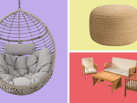An image of a swinging cocoon porch swing, a rattan pouf, and a four piece patio set with white cushions and wooden chairs, tables, and loveseats.