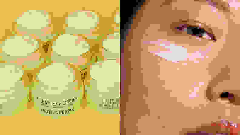 On the left: Several tiny yellow jars of eye cream grouped together. On the right: A closeup of someone's face with cream under their eye.