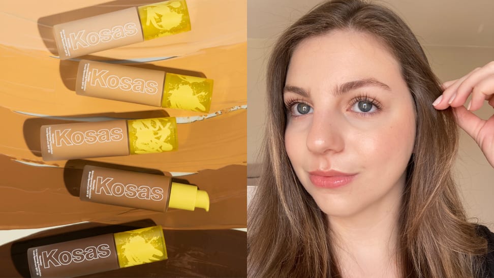 On the left: Several bottles of foundation in different shades lay next to each other. On the right: The author's face wearing a full face of makeup.