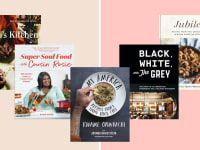 From left: Cookbook covers of In Bibi's Kitchen; Super Soul Food; My America; Black, White, and The Grey; The Jubilee on a pink background.