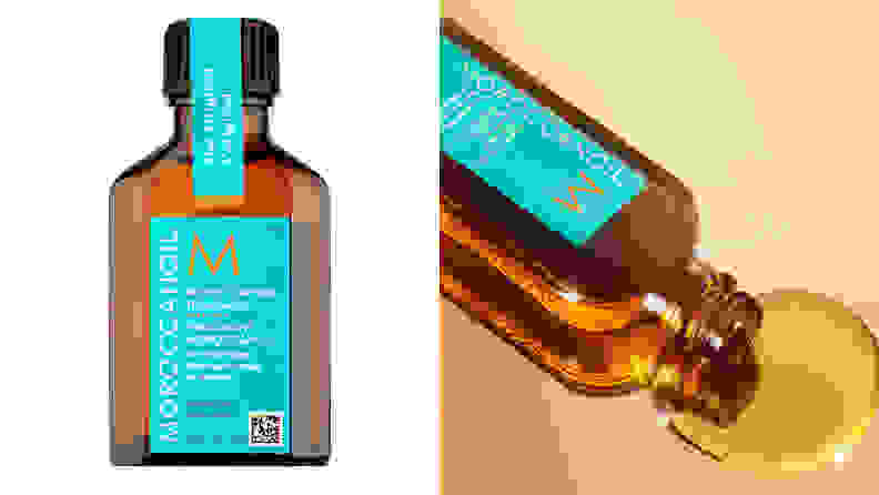 On the left: A mini bottle of the Moroccanoil Treatment. On the right: The Moroccanoil spills oil onto a gold background.