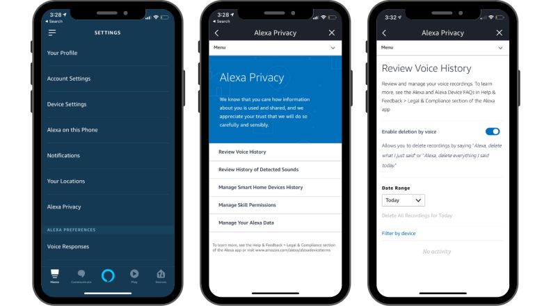 Screen shots of how to adjust privacy settings in the Amazon Alexa app