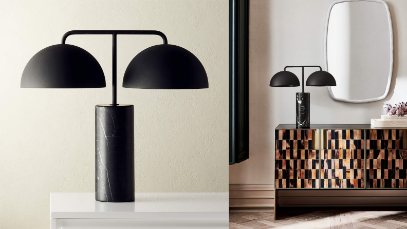 A black marble lamp with two domed shades. On the right, that lamp sitting on a dresser.