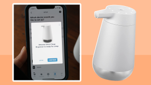 On left, person holding up smart phone to control the Amazon Smart Soap Dispenser. On right, product shot of the white Amazon Smart Soap Dispenser.