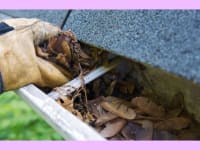 Person wearing work gloves scooping out leaves and debris from gutter