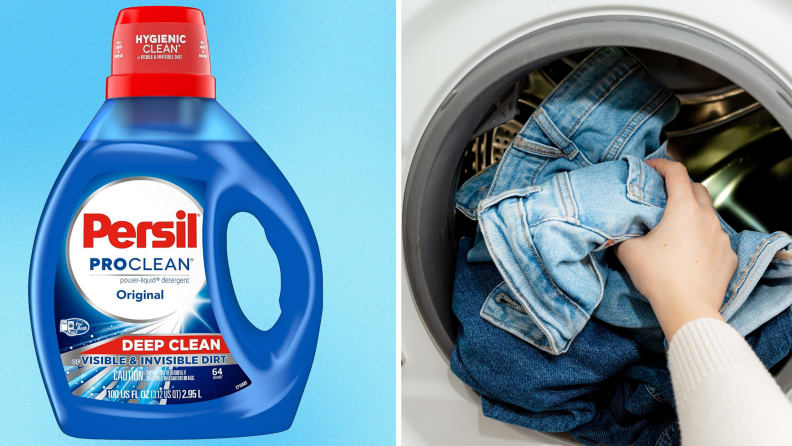 On left, blue bottle of laundry detergent with red cap. On right, person placing denim items inside of washing machine drum.