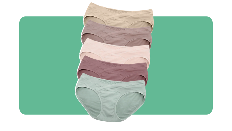Product shot of stack of multicolored maternity underwear briefs from Kindred Bravely.