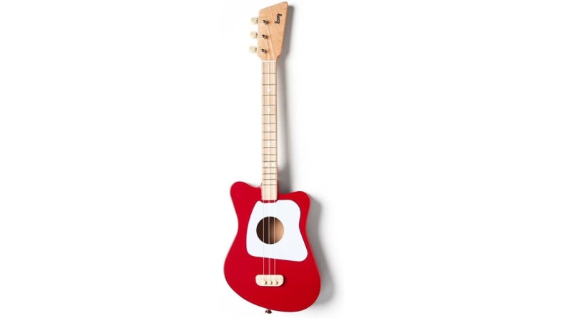 Red and white wooden miniature guitar