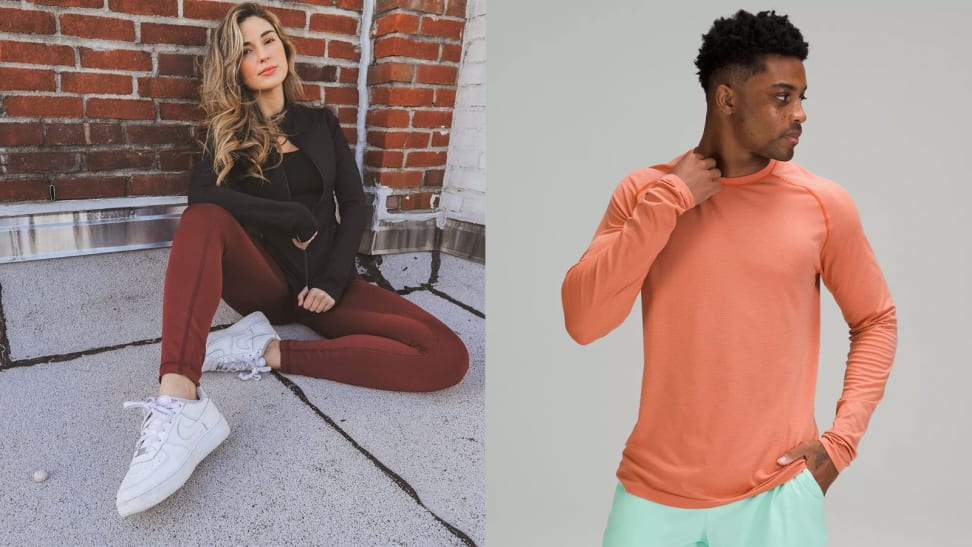 Left: Woman wearing 90 degree reflex leggings. Right: man wearing Lululemon long sleeve top.