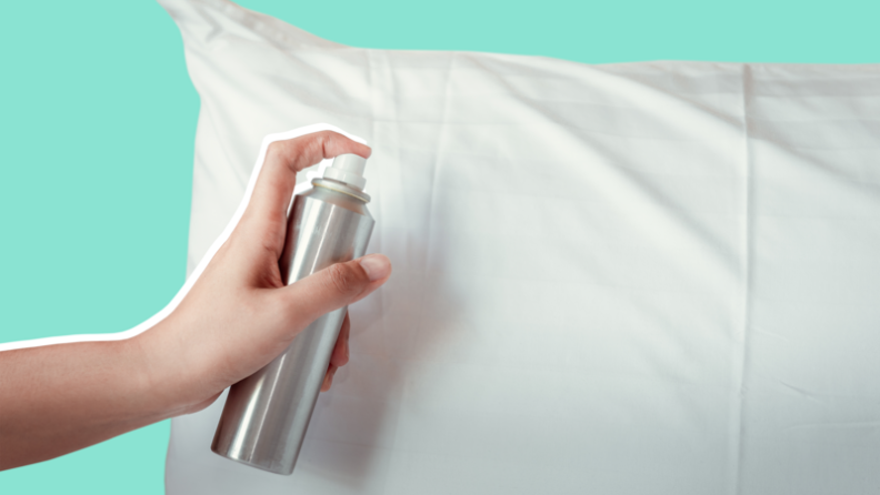 A hand sprays a bottle of mist on a white pillow, set on an aqua background.