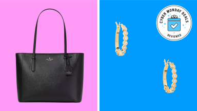 Kate Spade purse and hoop earrings on color backgrounds