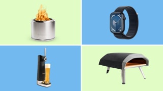 A Fizzics home beer dispenser, a Solo Stove, an Apple Watch, and an Ooni pizza oven appear on a green and blue background.
