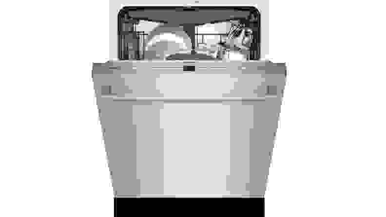 A slightly open Bosch 300 dishwasher on a white background.