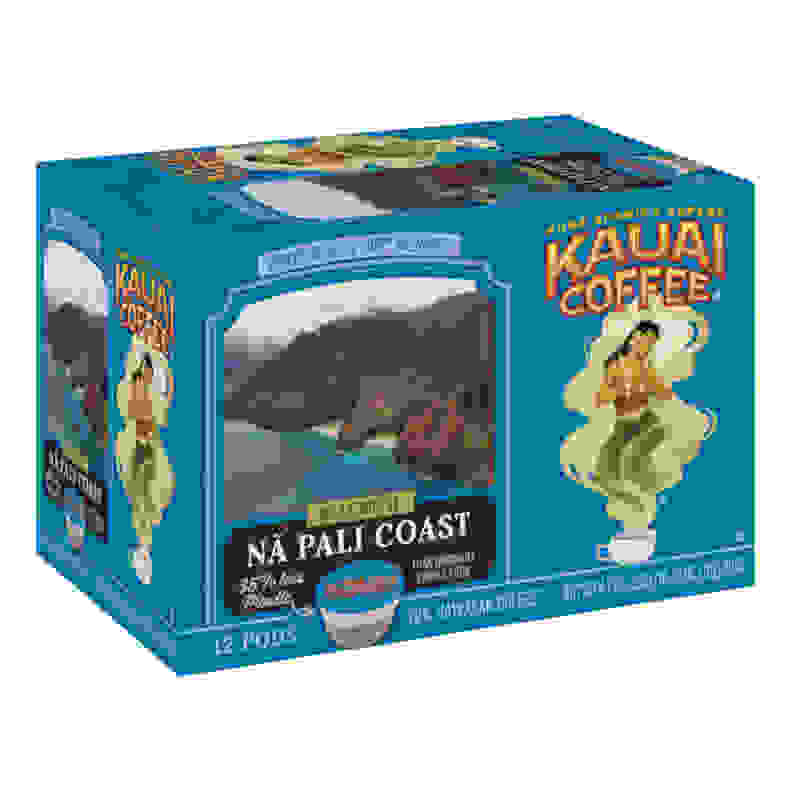 A box of Kauai Coffee Na Pali Coast Dark Roast Compatible Keurig pods