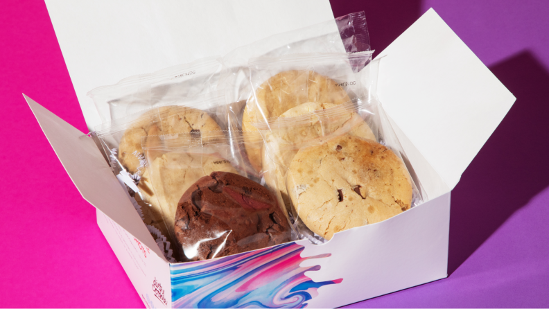 A box with six wrapped cookies from Dirty Cookie.